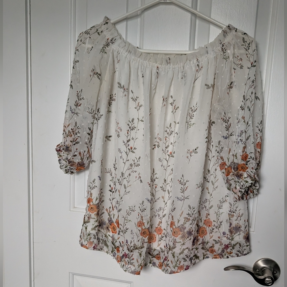 Sweet Rain | Off Shoulder Floral Blouse Cream Boho Peasant Top | Size M
